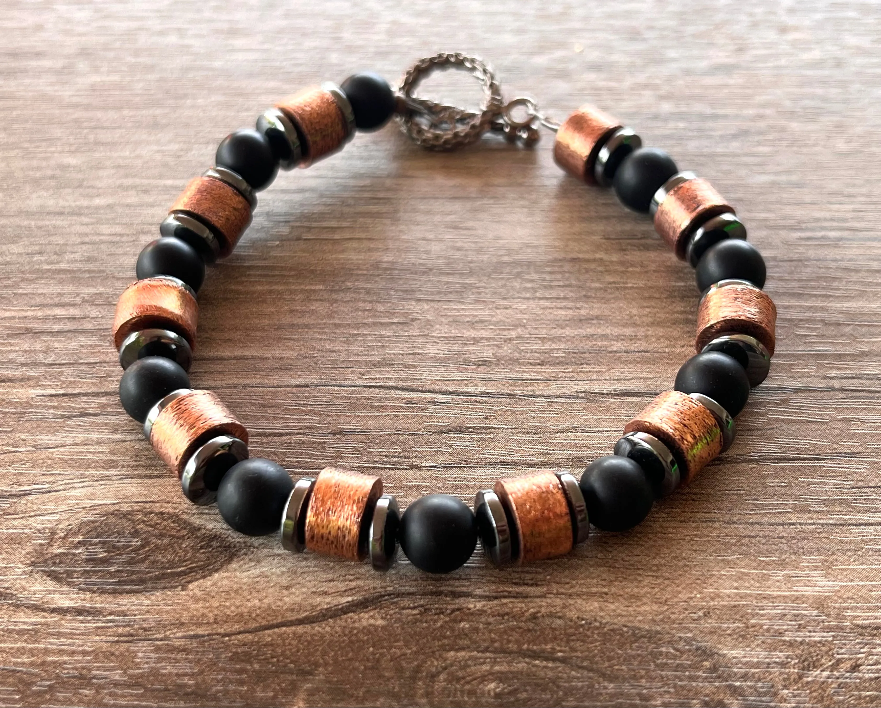 Mens Beaded Black Stone Hematite Copper Bracelet - Alexander