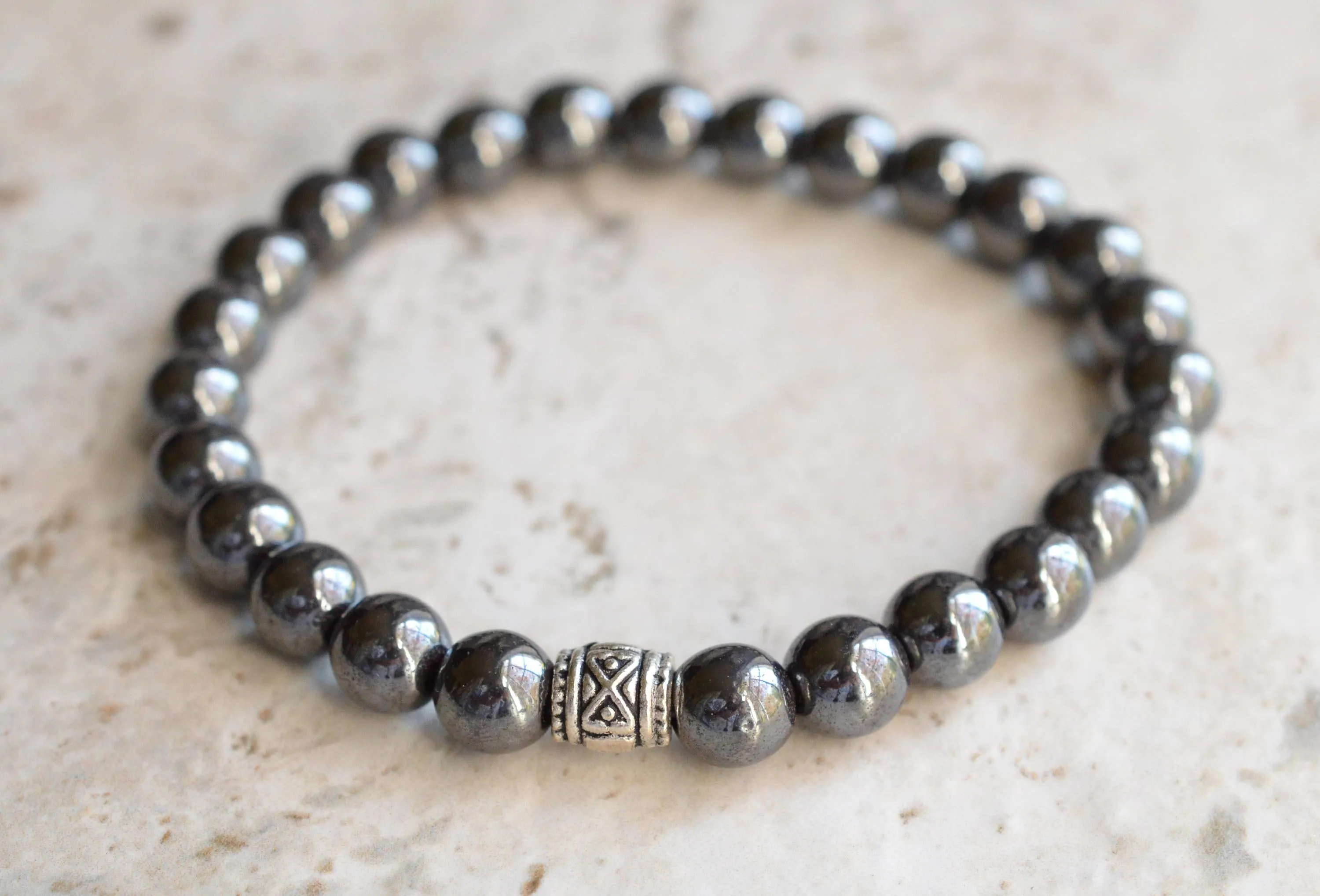 Mens Gray Silver Stretch Bracelet Hematite Beaded Bracelet - Manuel