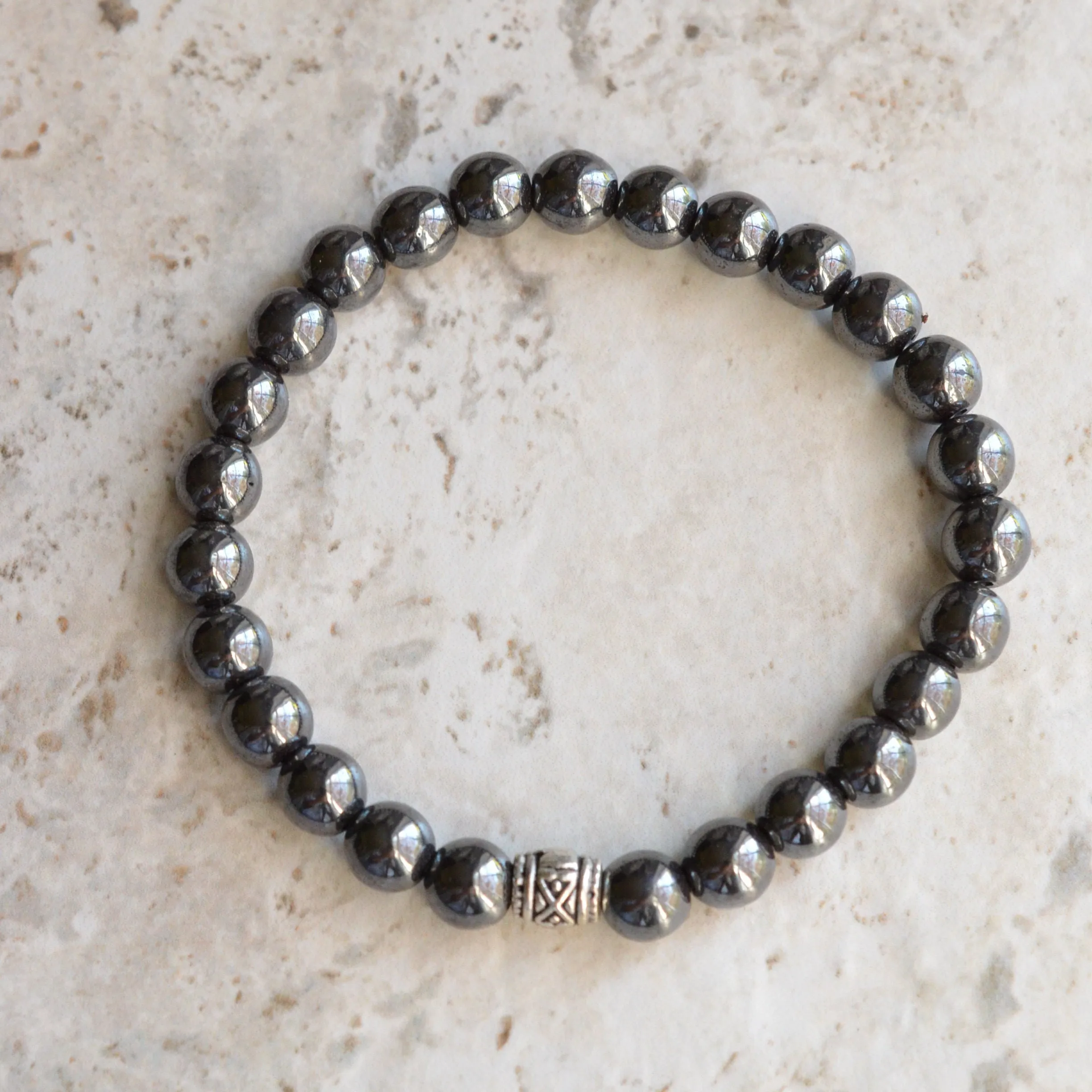 Mens Gray Silver Stretch Bracelet Hematite Beaded Bracelet - Manuel