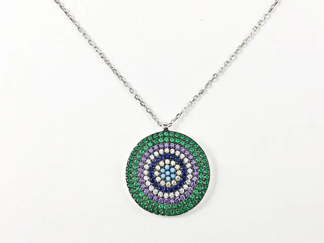 Modern Multi Row & Color Micro CZ Stones Circular Disc Silver Necklace