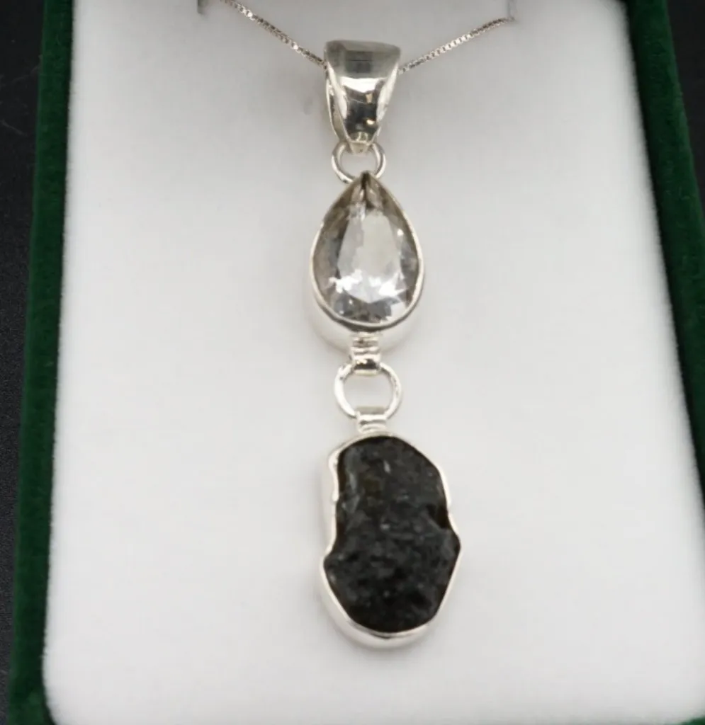 Moldavite And Herkimer Diamond Pendant Sterling Necklace