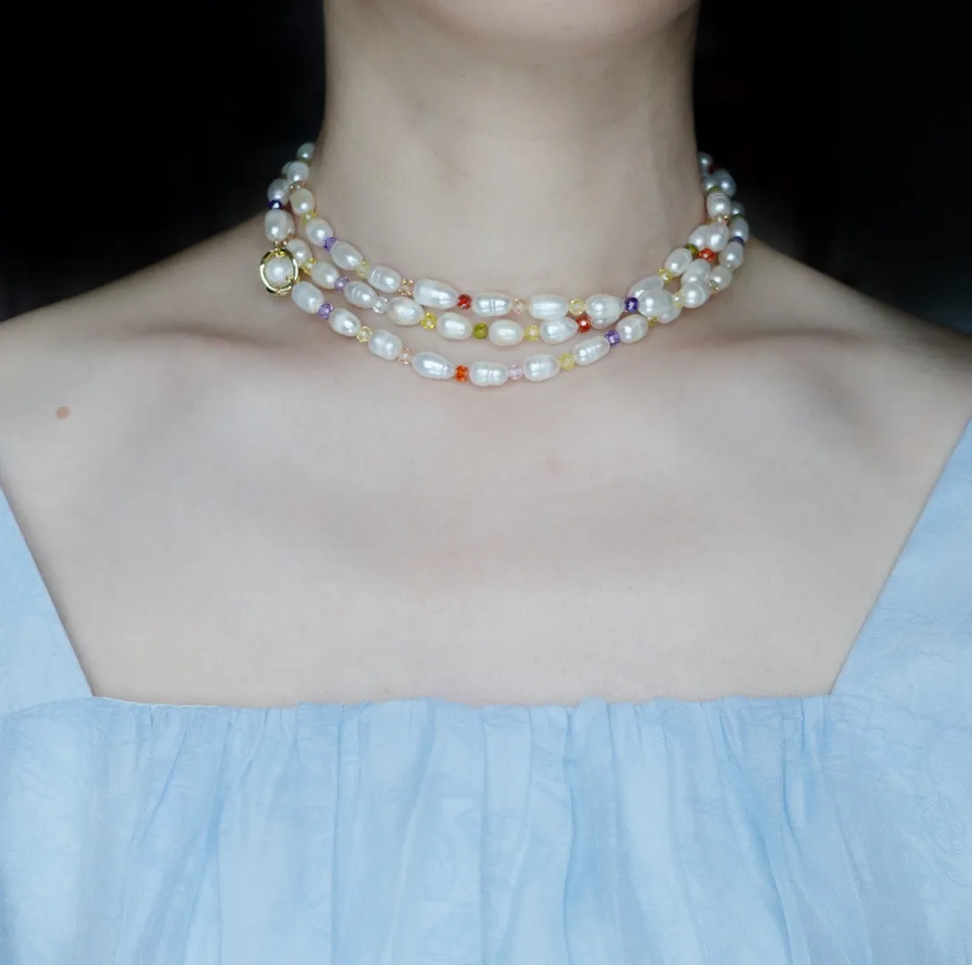 Multi-style 7-10mm Pearl Opera Necklace (Colorful Zirconia)