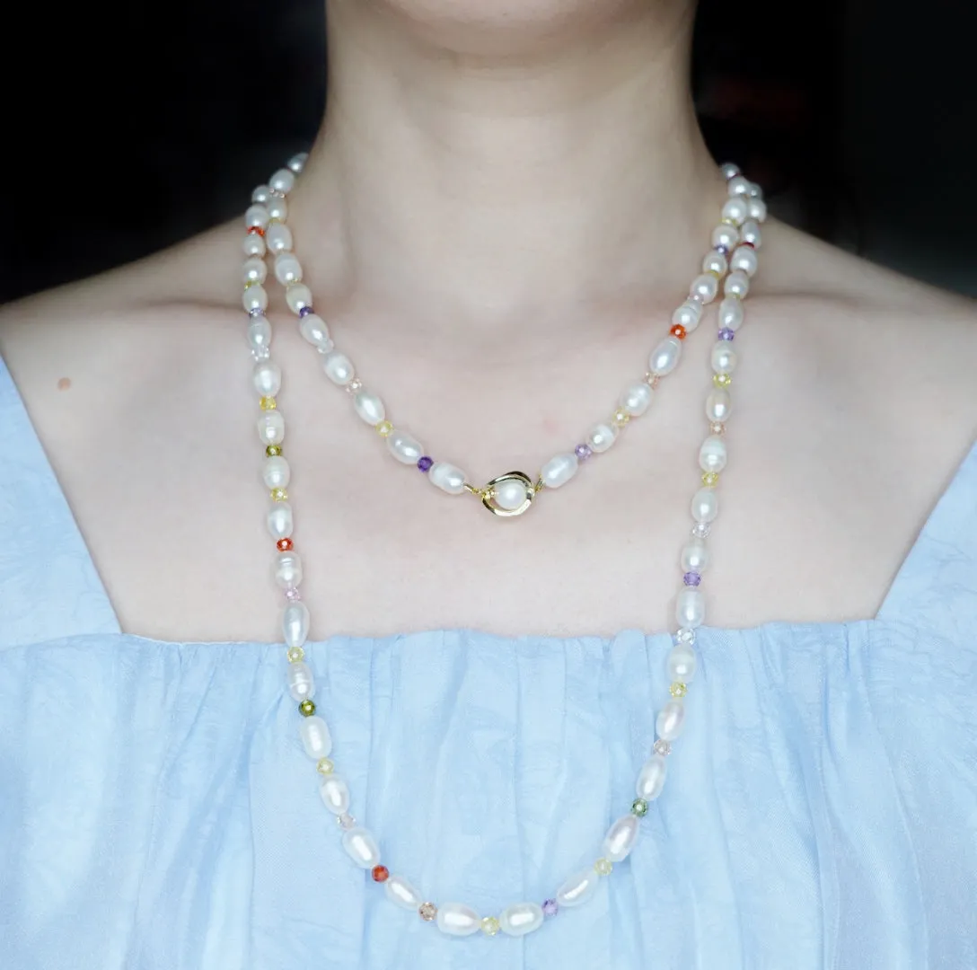 Multi-style 7-10mm Pearl Opera Necklace (Colorful Zirconia)