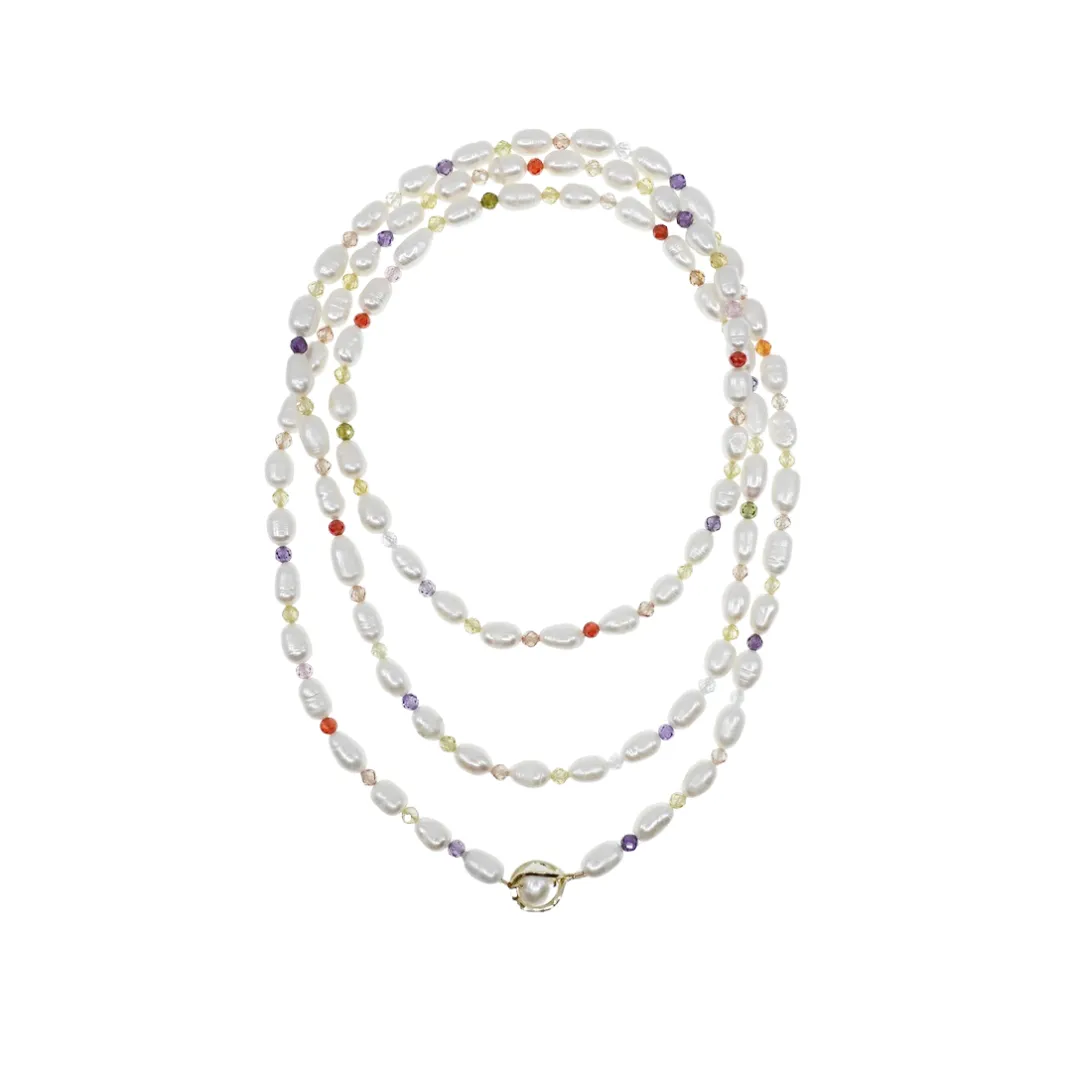 Multi-style 7-10mm Pearl Opera Necklace (Colorful Zirconia)