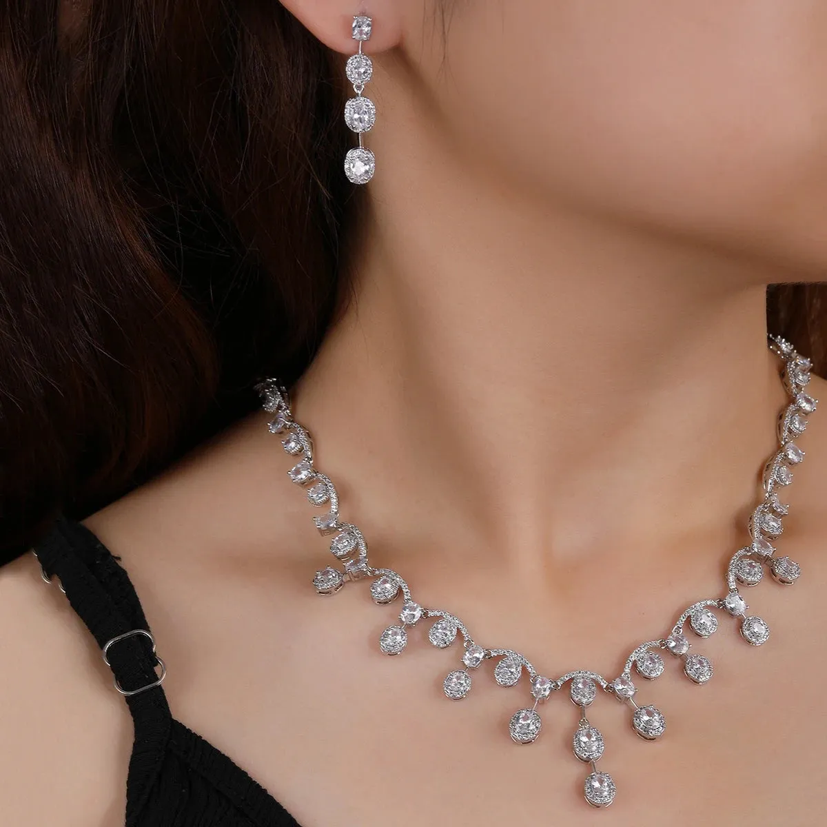 New Design Simple 3A Zircon Drop Shape Women High Quality Party  Wedding Necklace Earring Jewelry Set CN10606