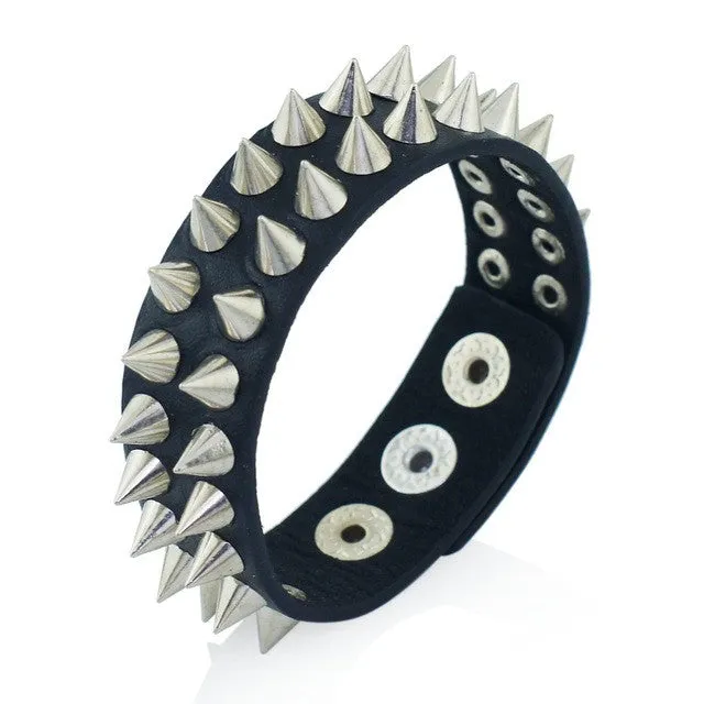 New Gothic Delicate Cuspidal Spikes Rivet Cone Stud Cuff Black Leather bracelets & bangles Punk Bracelet for women men jewelry