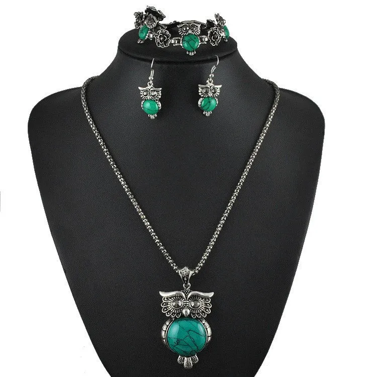 New Vintage Design Owl Jewelry Sets Tibetan Vintage Silver Retro Turquoise Stone Pendant Necklace drop earrings Charm bracelet Set