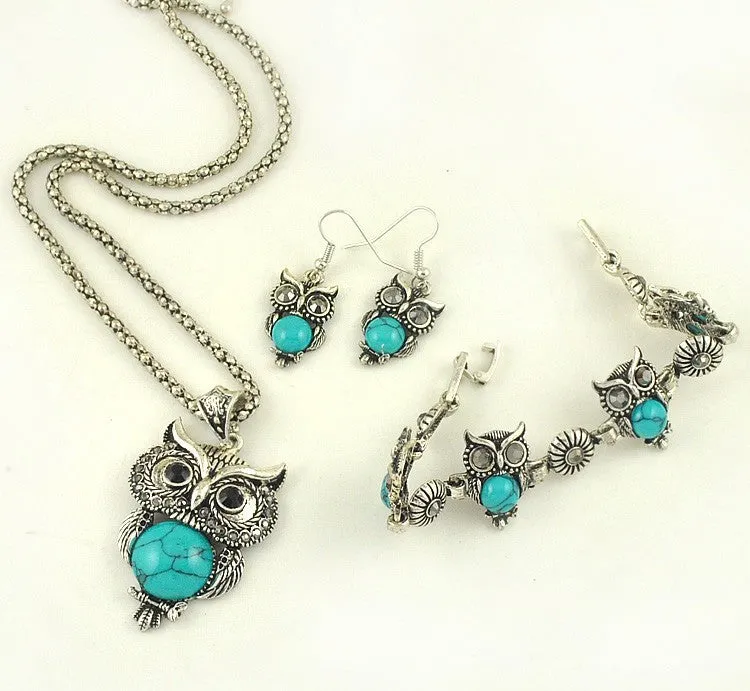 New Vintage Design Owl Jewelry Sets Tibetan Vintage Silver Retro Turquoise Stone Pendant Necklace drop earrings Charm bracelet Set