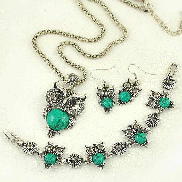 New Vintage Design Owl Jewelry Sets Tibetan Vintage Silver Retro Turquoise Stone Pendant Necklace drop earrings Charm bracelet Set