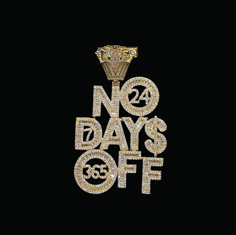 No Days OFF Crown Bail Iced Out Letter Diamond Pendant Necklace