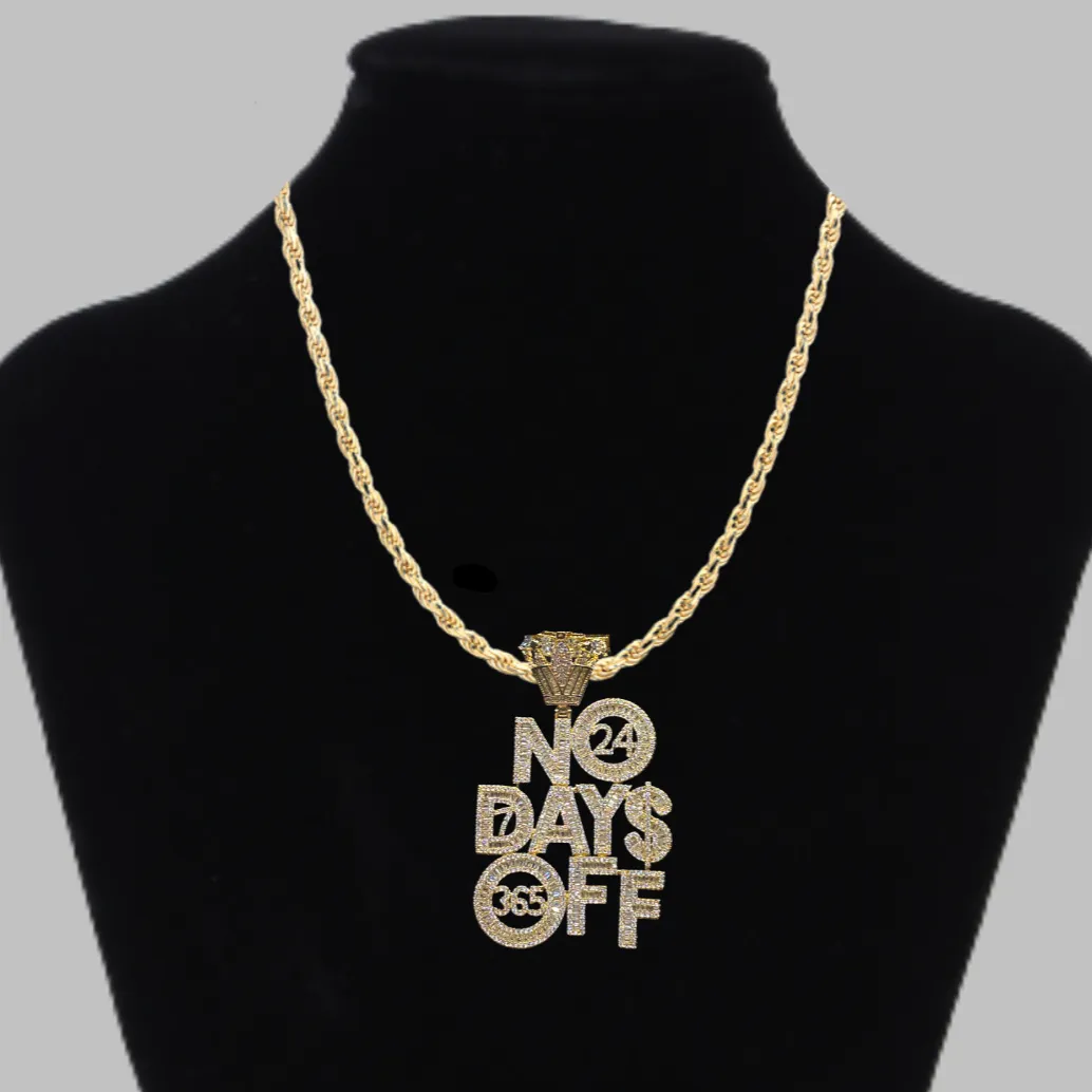 No Days OFF Crown Bail Iced Out Letter Diamond Pendant Necklace