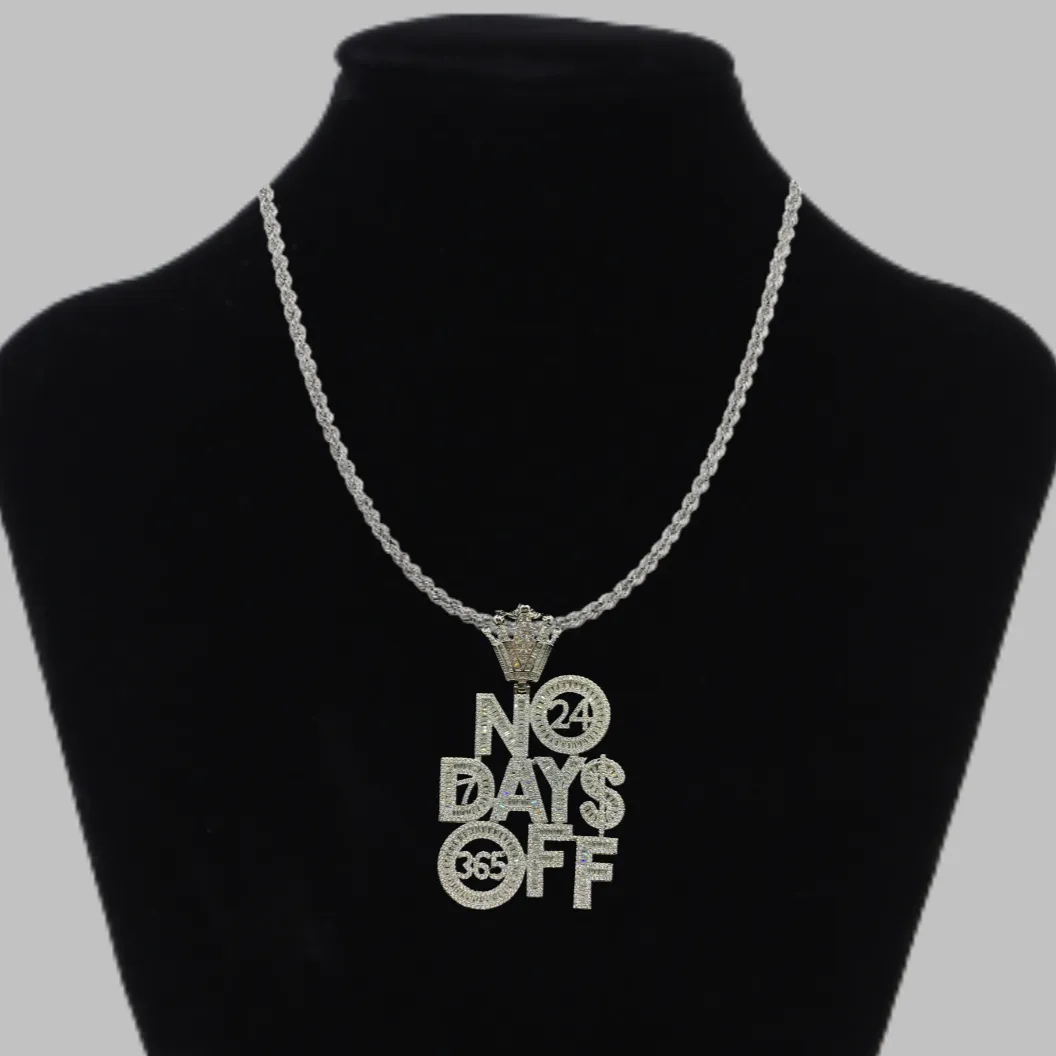 No Days OFF Crown Bail Iced Out Letter Diamond Pendant Necklace