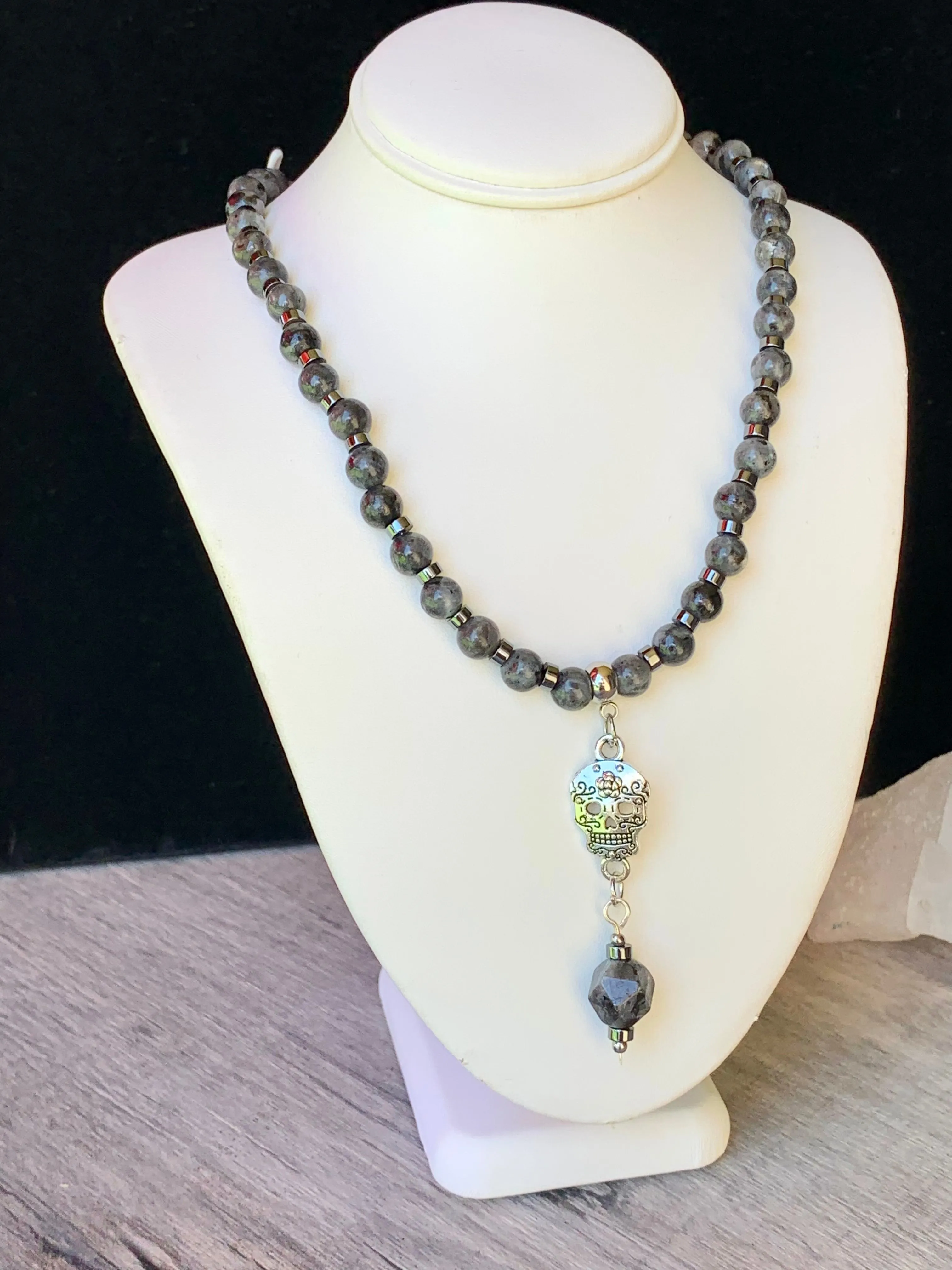 Noella Handmade Labradorite and Hematite 16" Choker with Skull Pendant