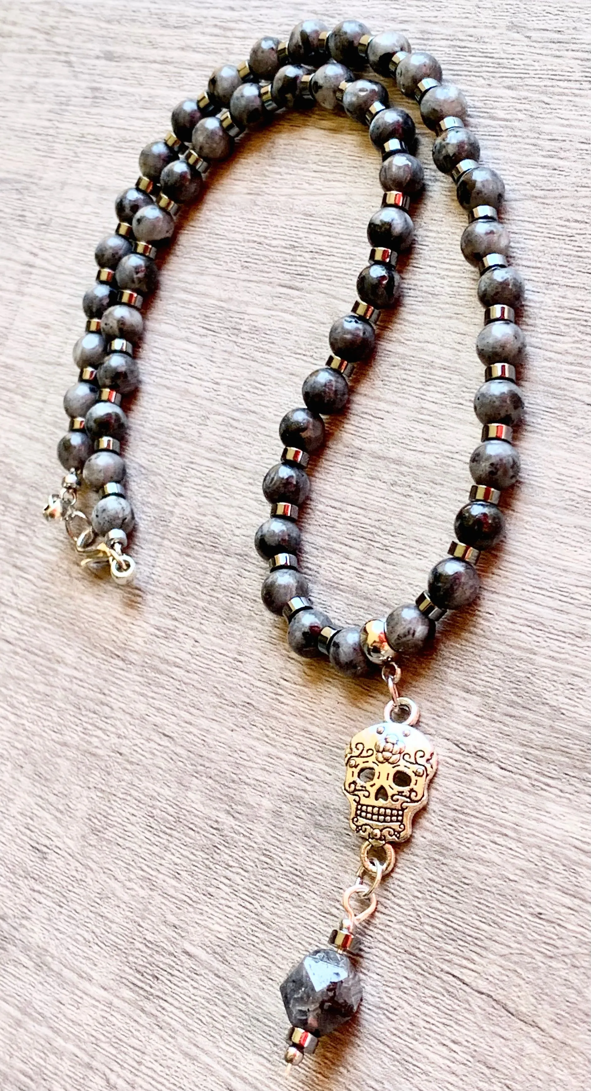 Noella Handmade Labradorite and Hematite 16" Choker with Skull Pendant