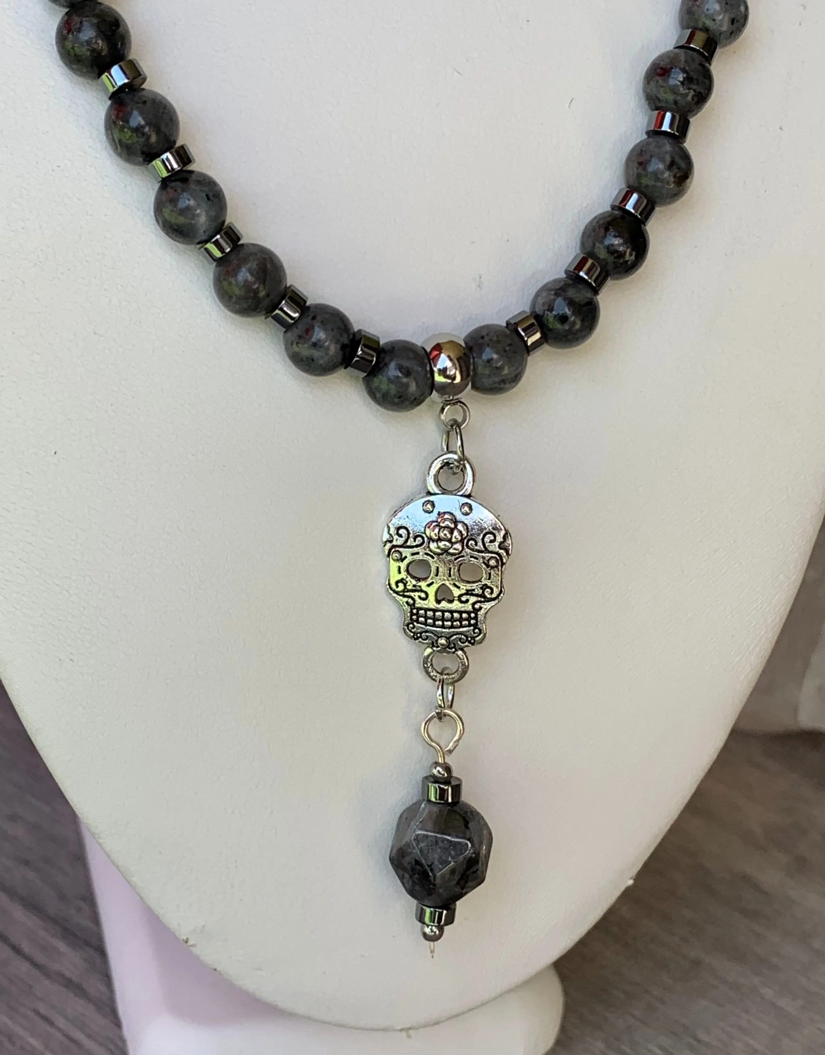 Noella Handmade Labradorite and Hematite 16" Choker with Skull Pendant