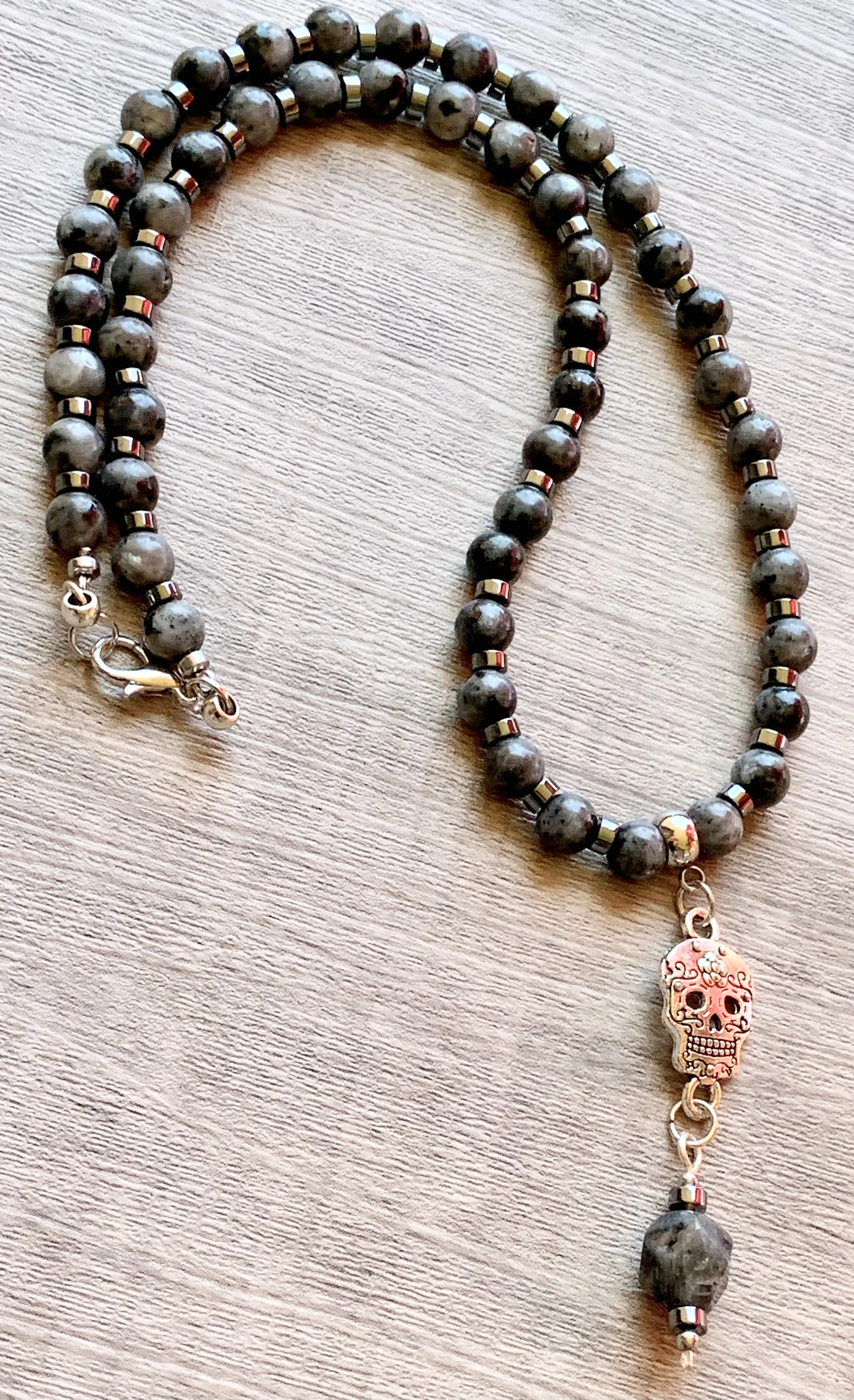 Noella Handmade Labradorite and Hematite 16" Choker with Skull Pendant