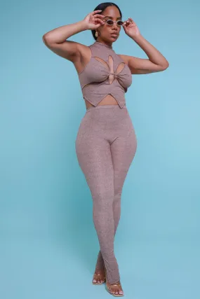 On Arrival Sleeveless Cut Out Legging Set - Taupe