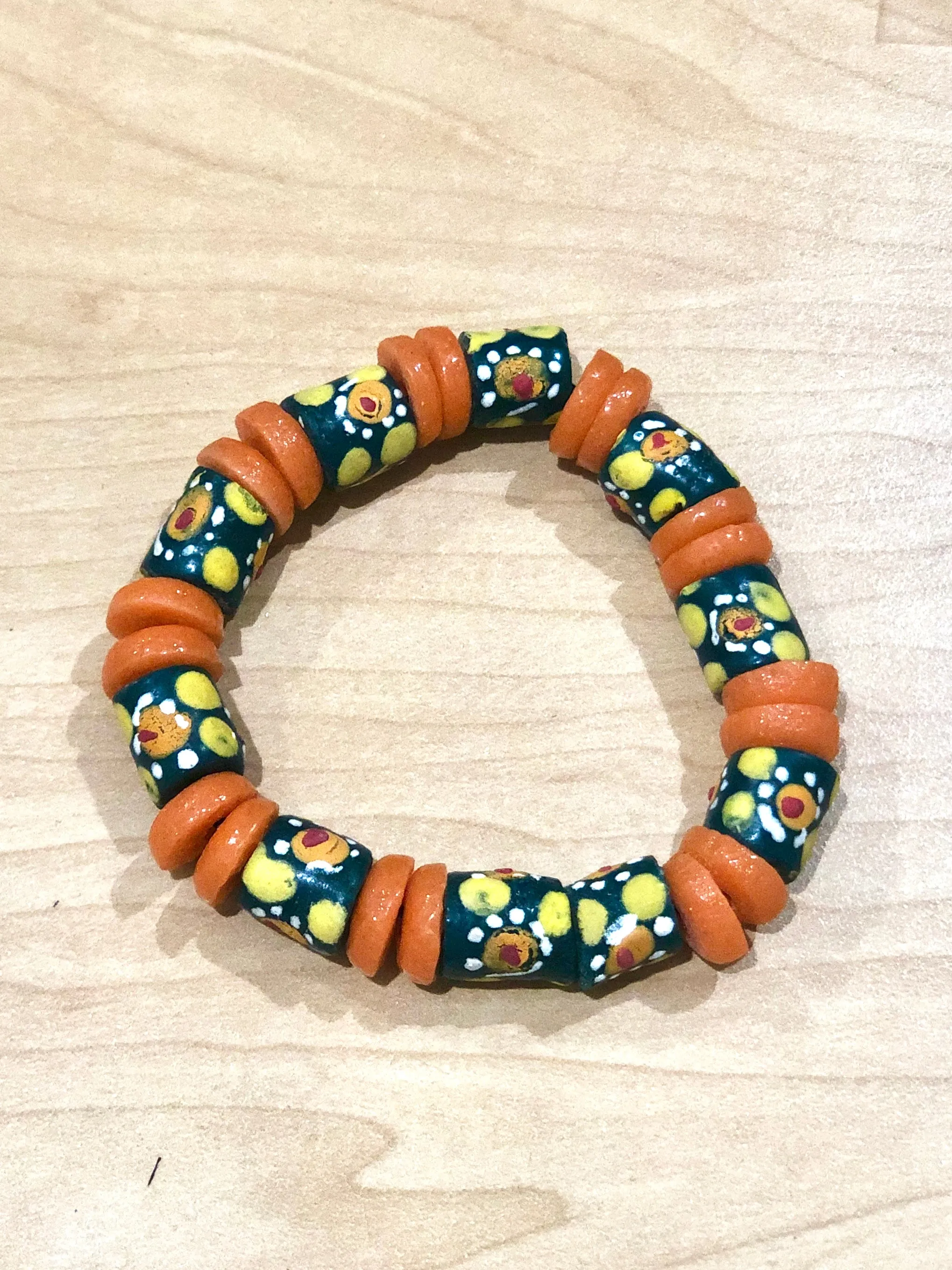 Orange and Teal Bella Africa Krobo Bead Stretch Bracelet