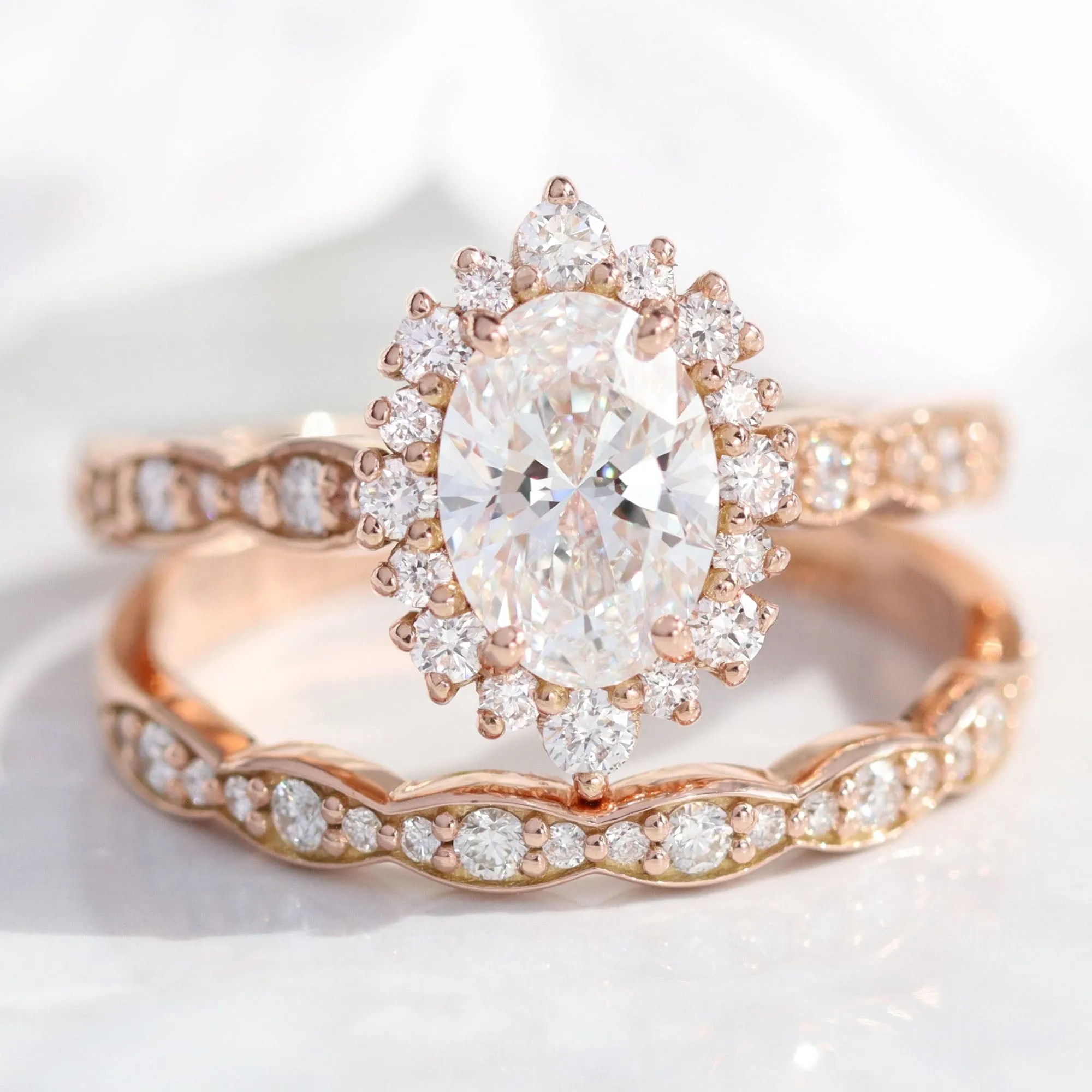 Oval Lab Diamond Scalloped Ring w/ Natural Diamonds in Tiara Halo Ring