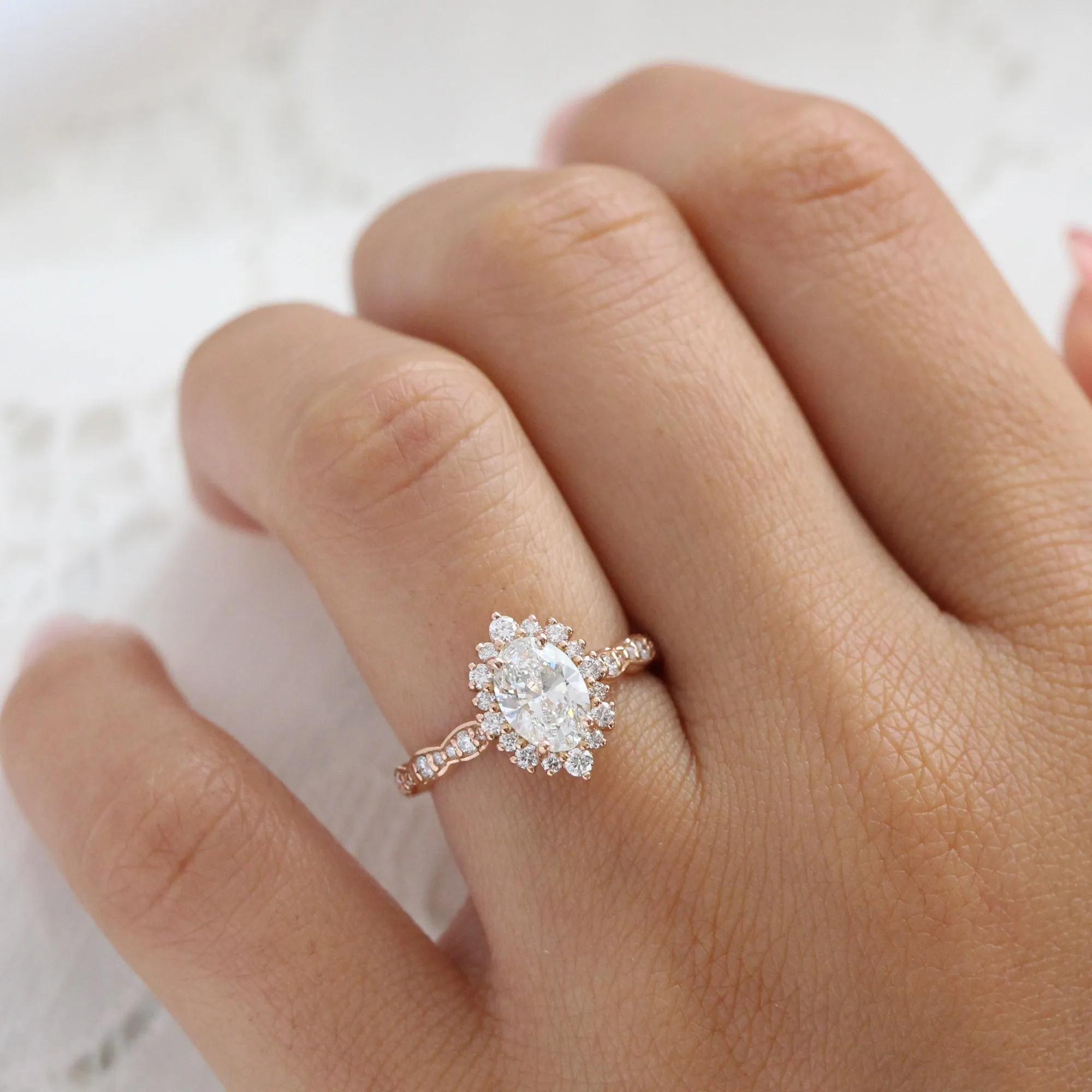 Oval Lab Diamond Scalloped Ring w/ Natural Diamonds in Tiara Halo Ring