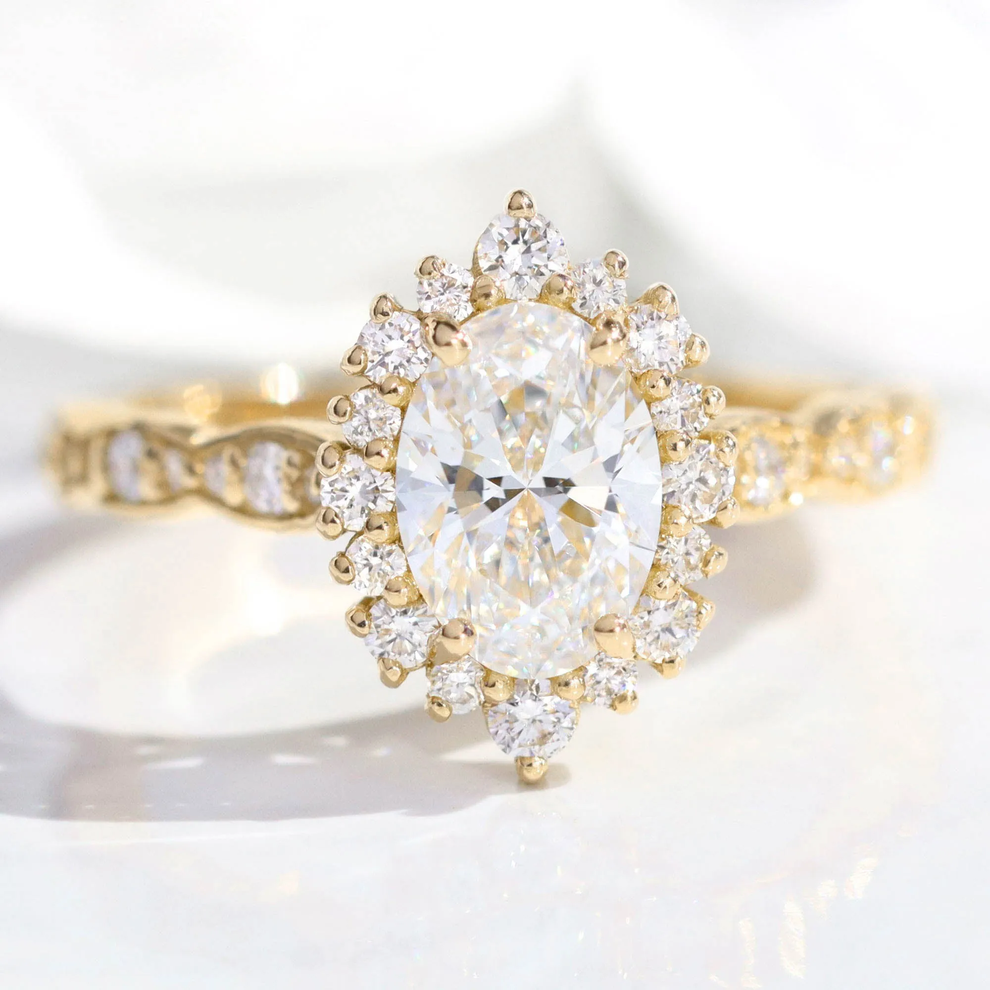 Oval Lab Diamond Scalloped Ring w/ Natural Diamonds in Tiara Halo Ring