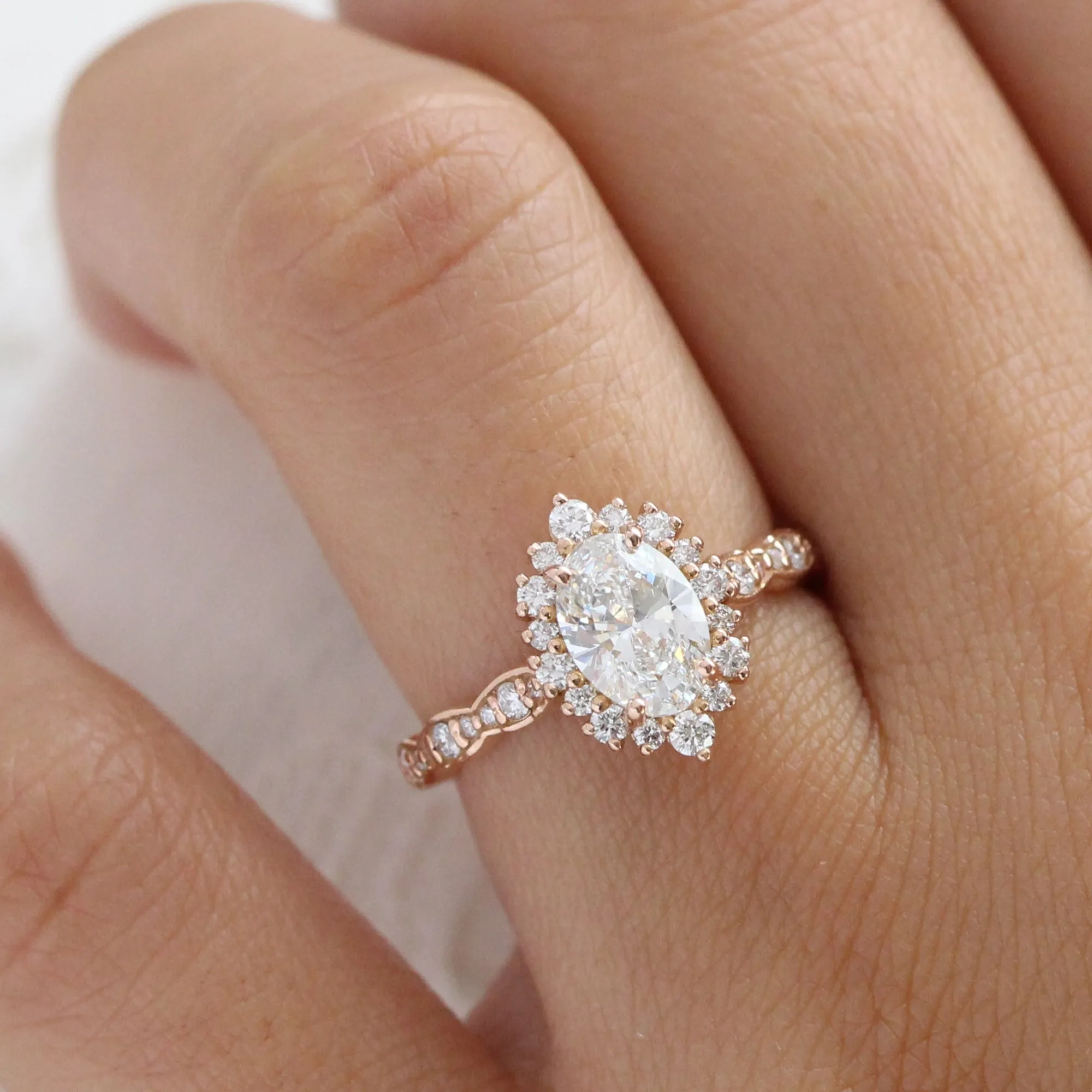 Oval Lab Diamond Scalloped Ring w/ Natural Diamonds in Tiara Halo Ring