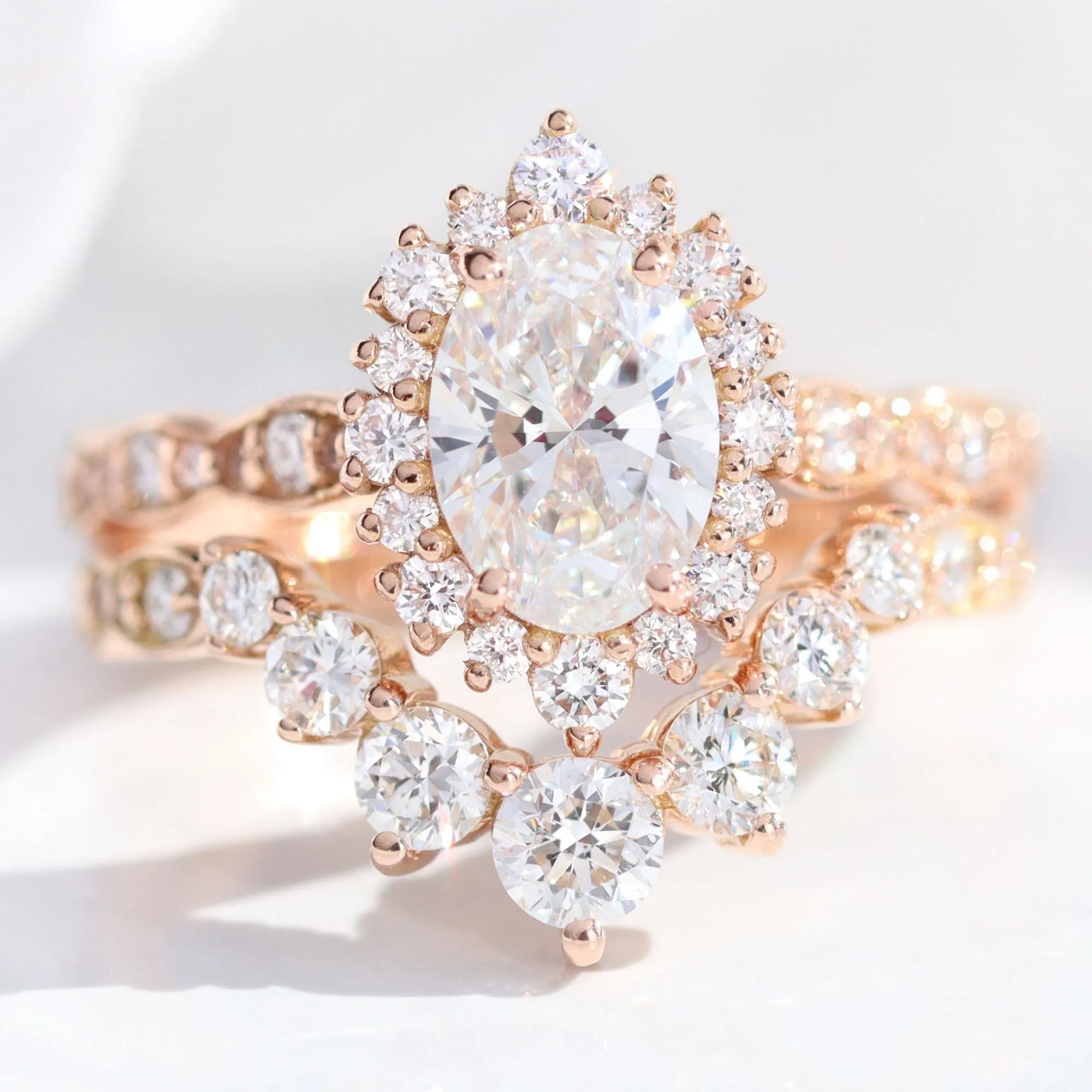 Oval Lab Diamond Scalloped Ring w/ Natural Diamonds in Tiara Halo Ring