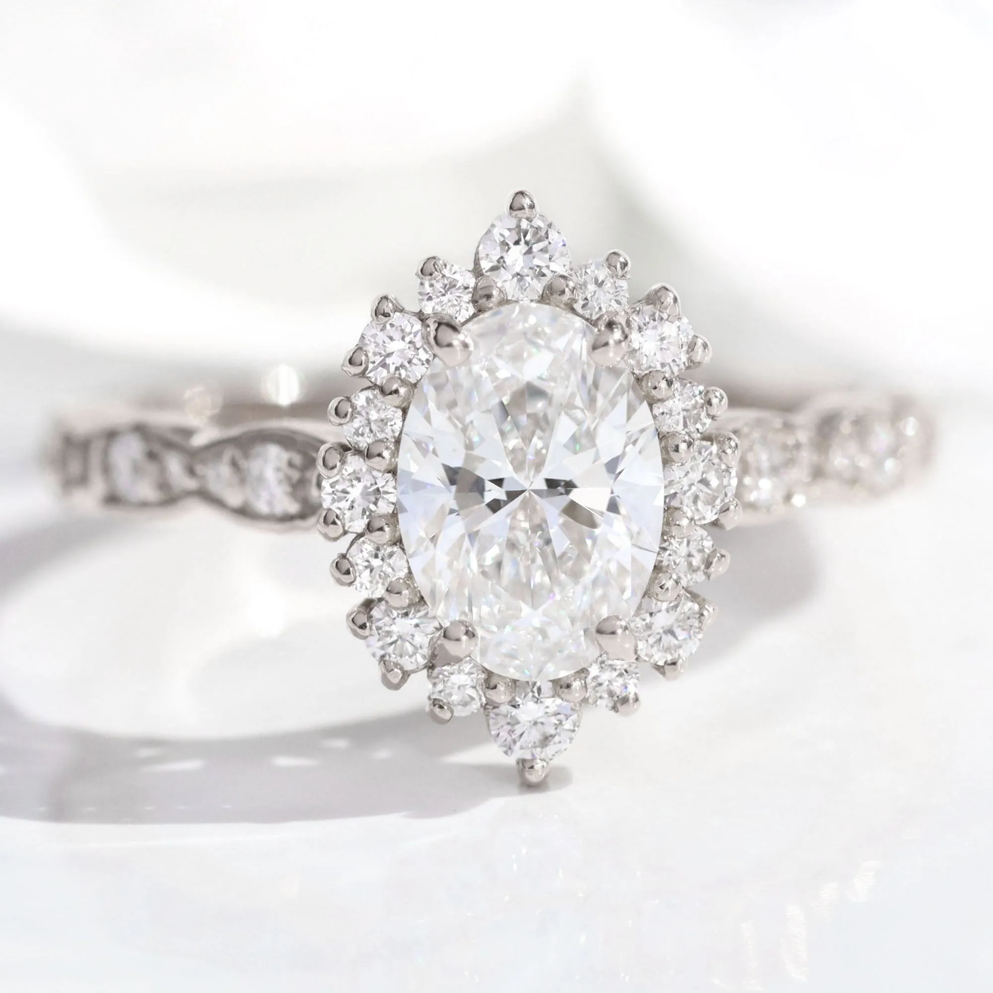 Oval Lab Diamond Scalloped Ring w/ Natural Diamonds in Tiara Halo Ring