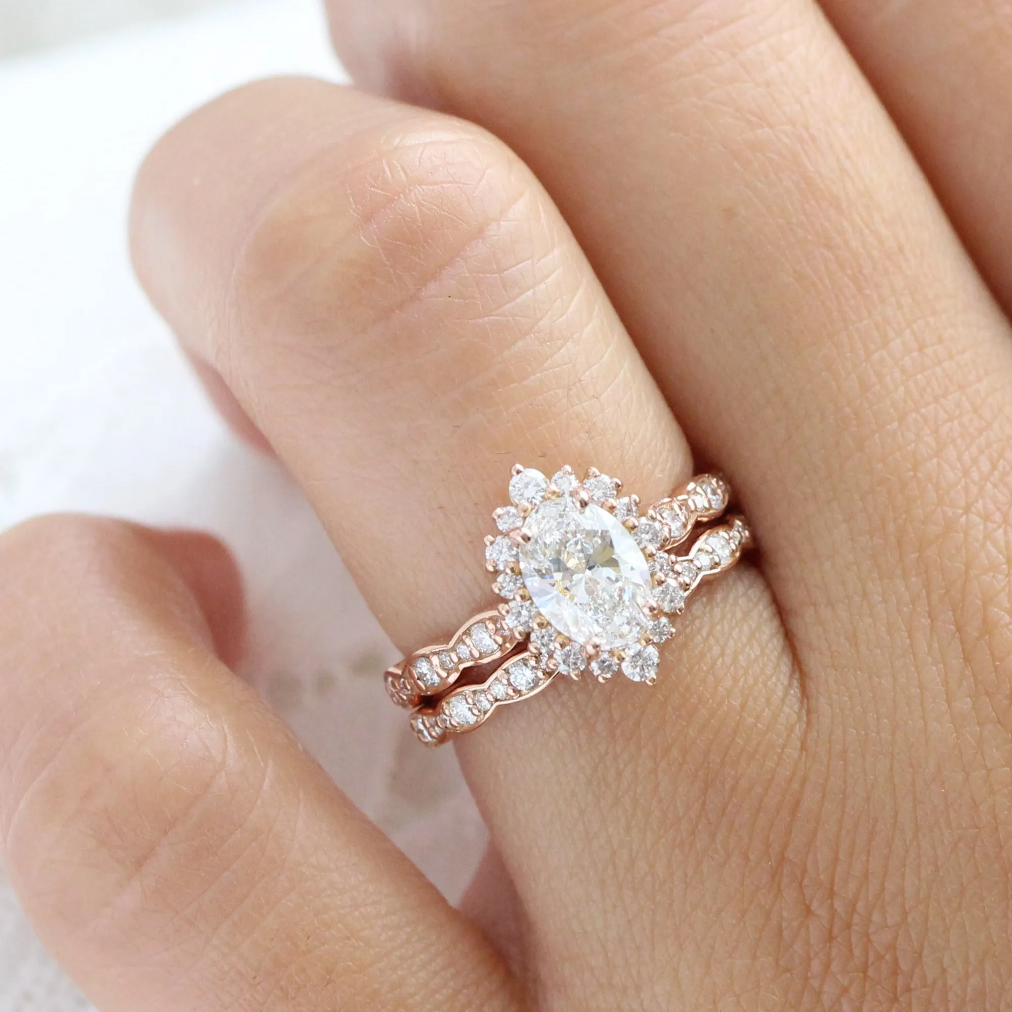 Oval Lab Diamond Scalloped Ring w/ Natural Diamonds in Tiara Halo Ring