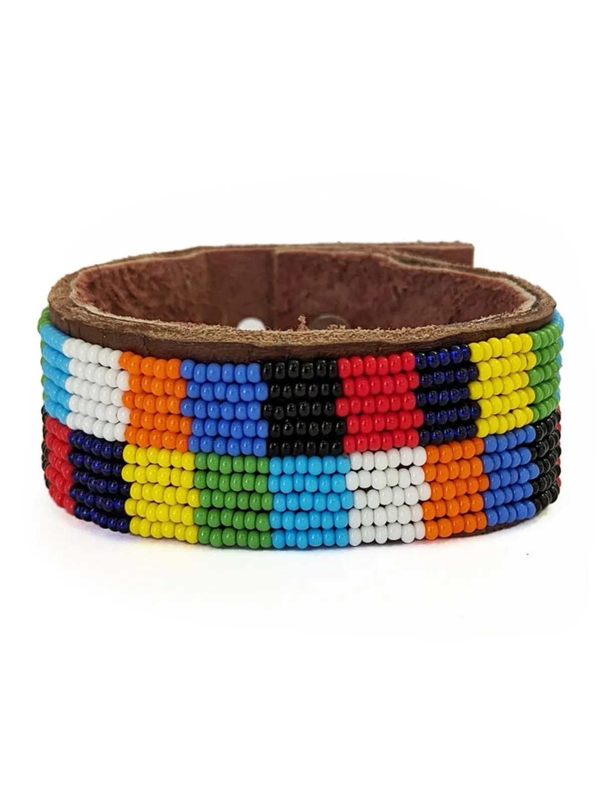 Patchwork Multi Beaded Leather Cuff