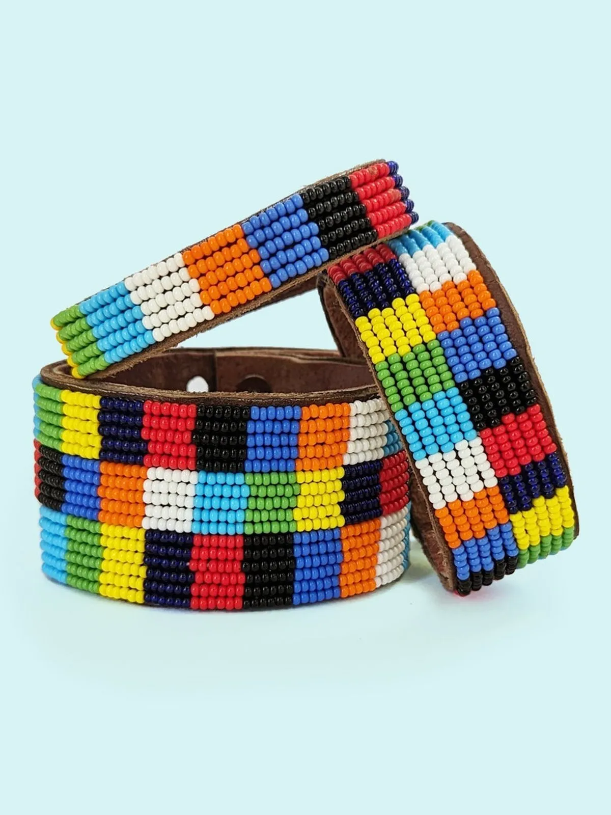 Patchwork Multi Beaded Leather Cuff