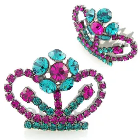 Peacock Blue and Hotpink Swarovski Rhinestone Mini Tiara Comb 1.25" Wide