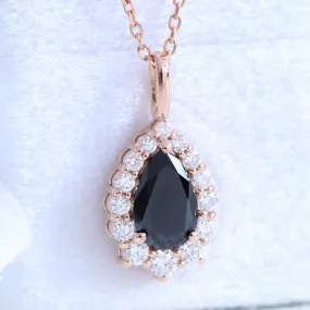 Pear Black Diamond Pendant in 14k Gold Tiara Halo Diamond Necklace