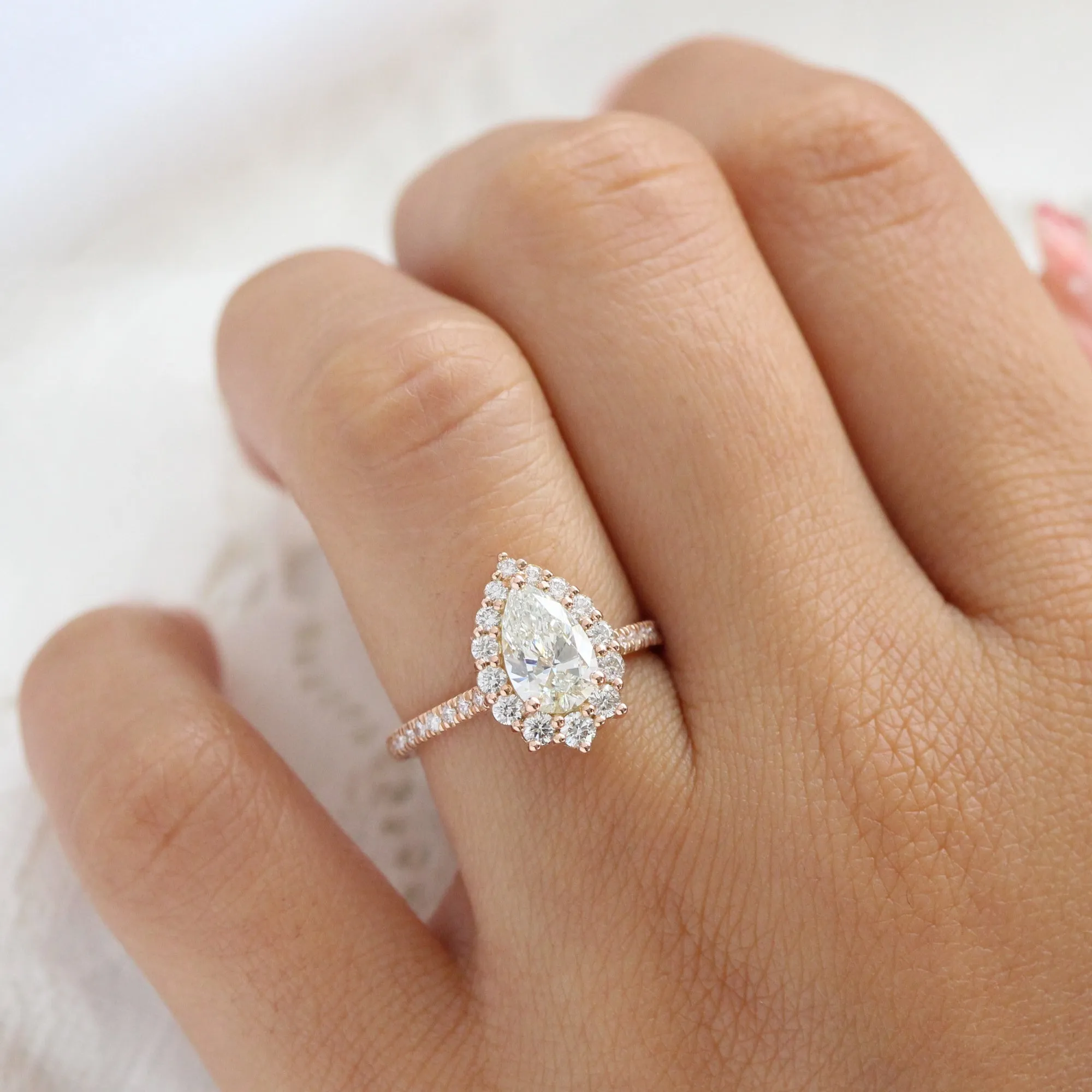 Pear Lab Diamond Ring Pave Band w/ Natural Diamonds in Tiara Halo Ring