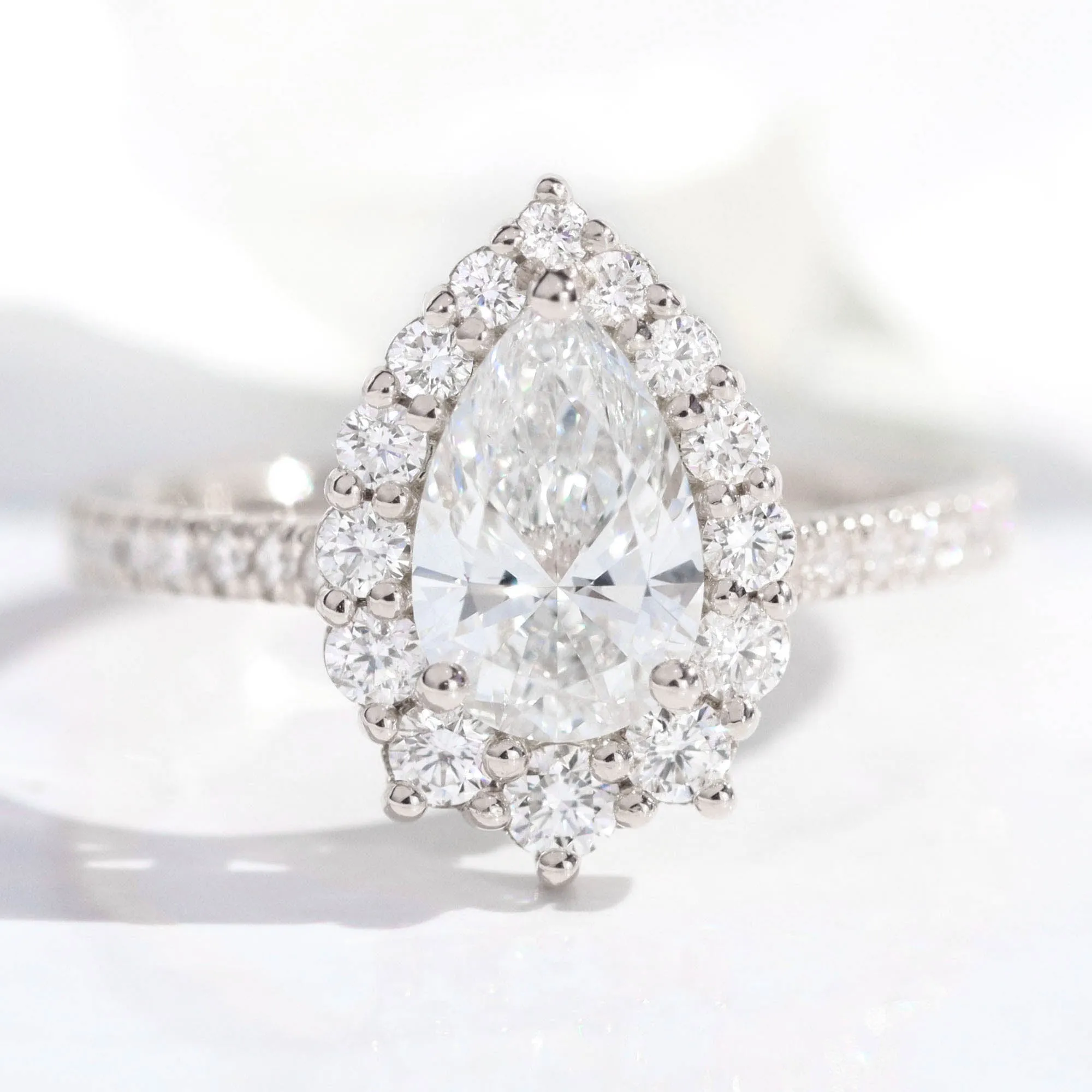 Pear Lab Diamond Ring Pave Band w/ Natural Diamonds in Tiara Halo Ring