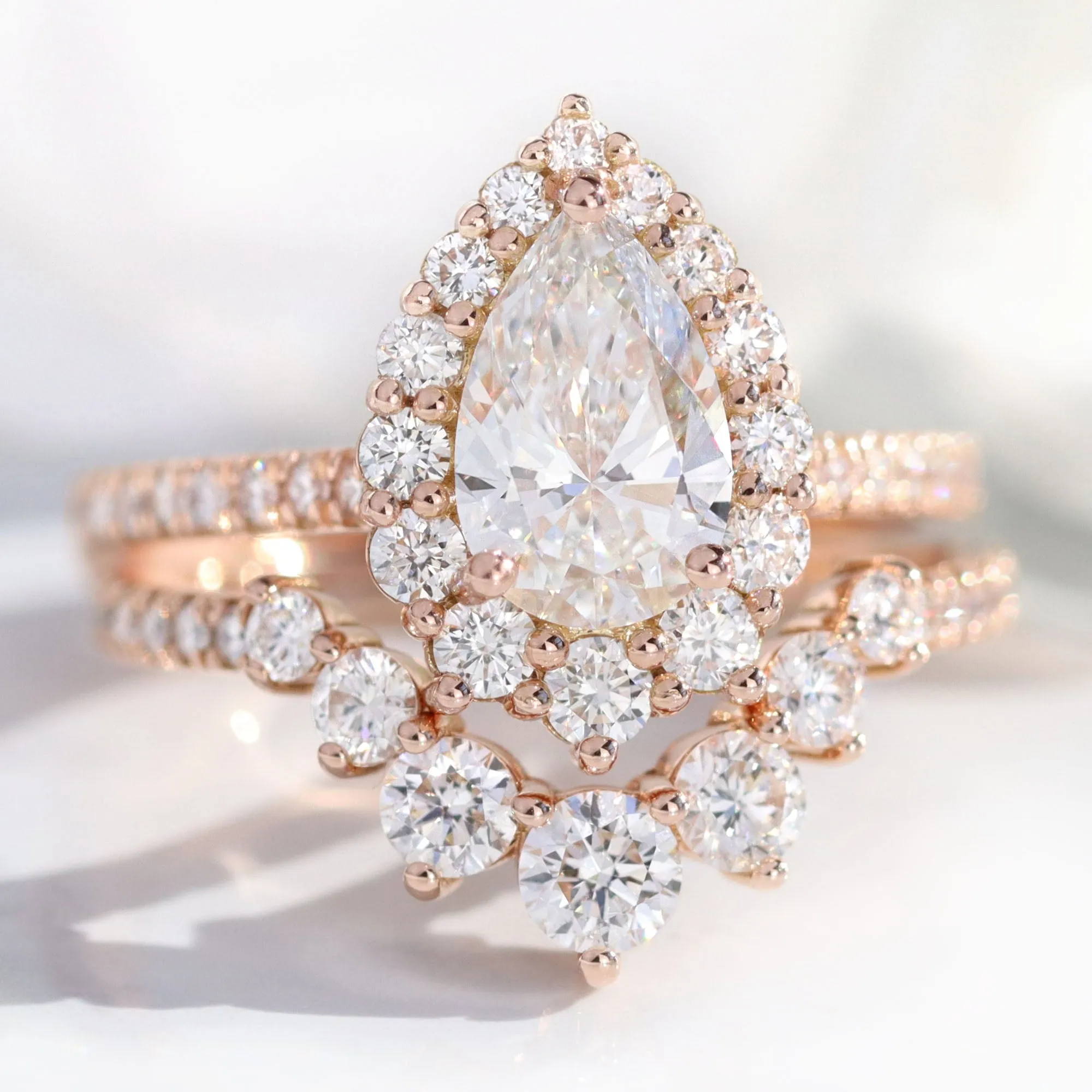 Pear Lab Diamond Ring Pave Band w/ Natural Diamonds in Tiara Halo Ring