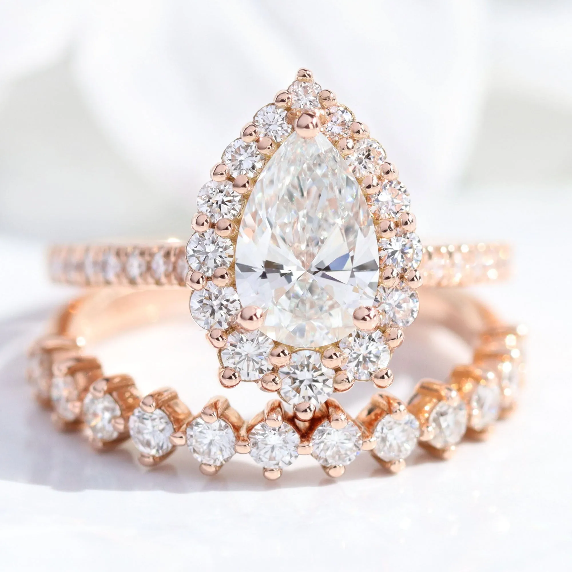 Pear Lab Diamond Ring Pave Band w/ Natural Diamonds in Tiara Halo Ring