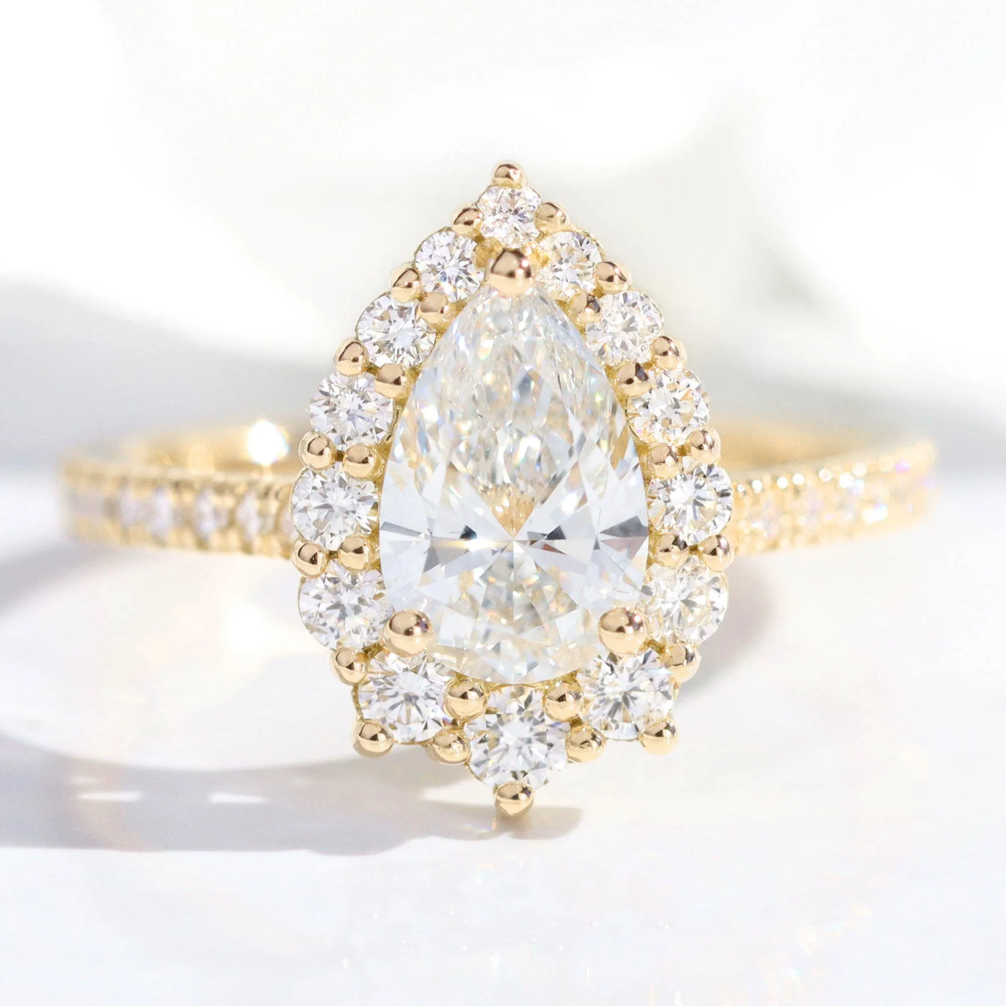 Pear Lab Diamond Ring Pave Band w/ Natural Diamonds in Tiara Halo Ring