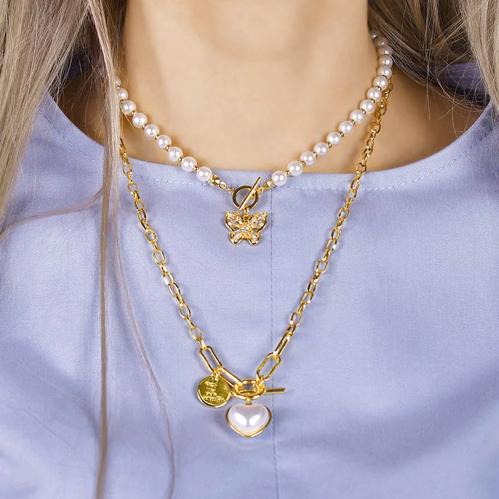 Pearl Butterfly Toggle Closure Choker Necklace in Gold