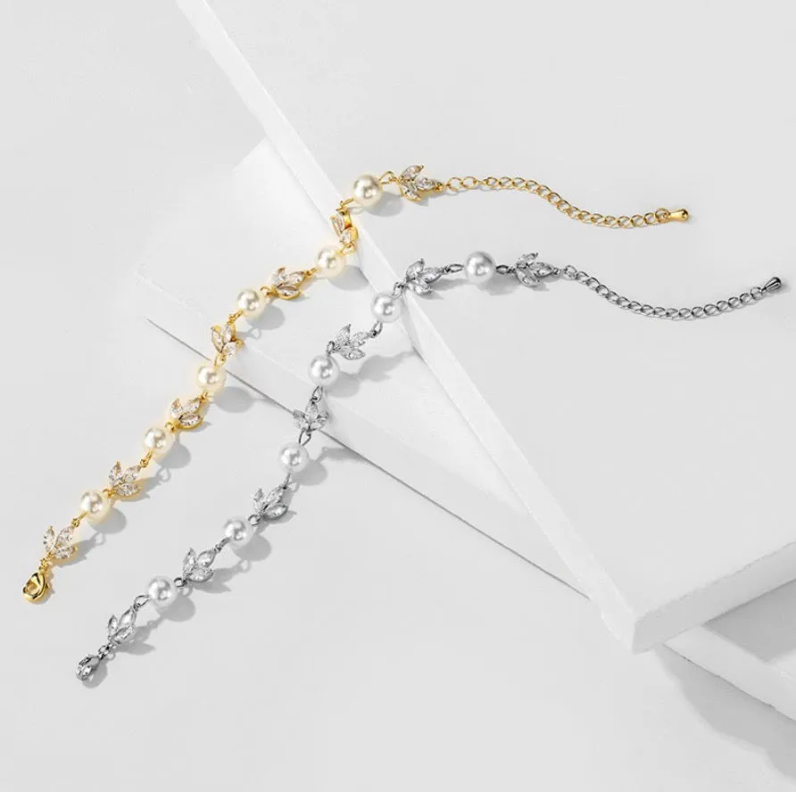 Perla - Pearl and Cubic Zirconia Bridal Bracelet - Available in Silver, Rose Gold and Yellow Gold