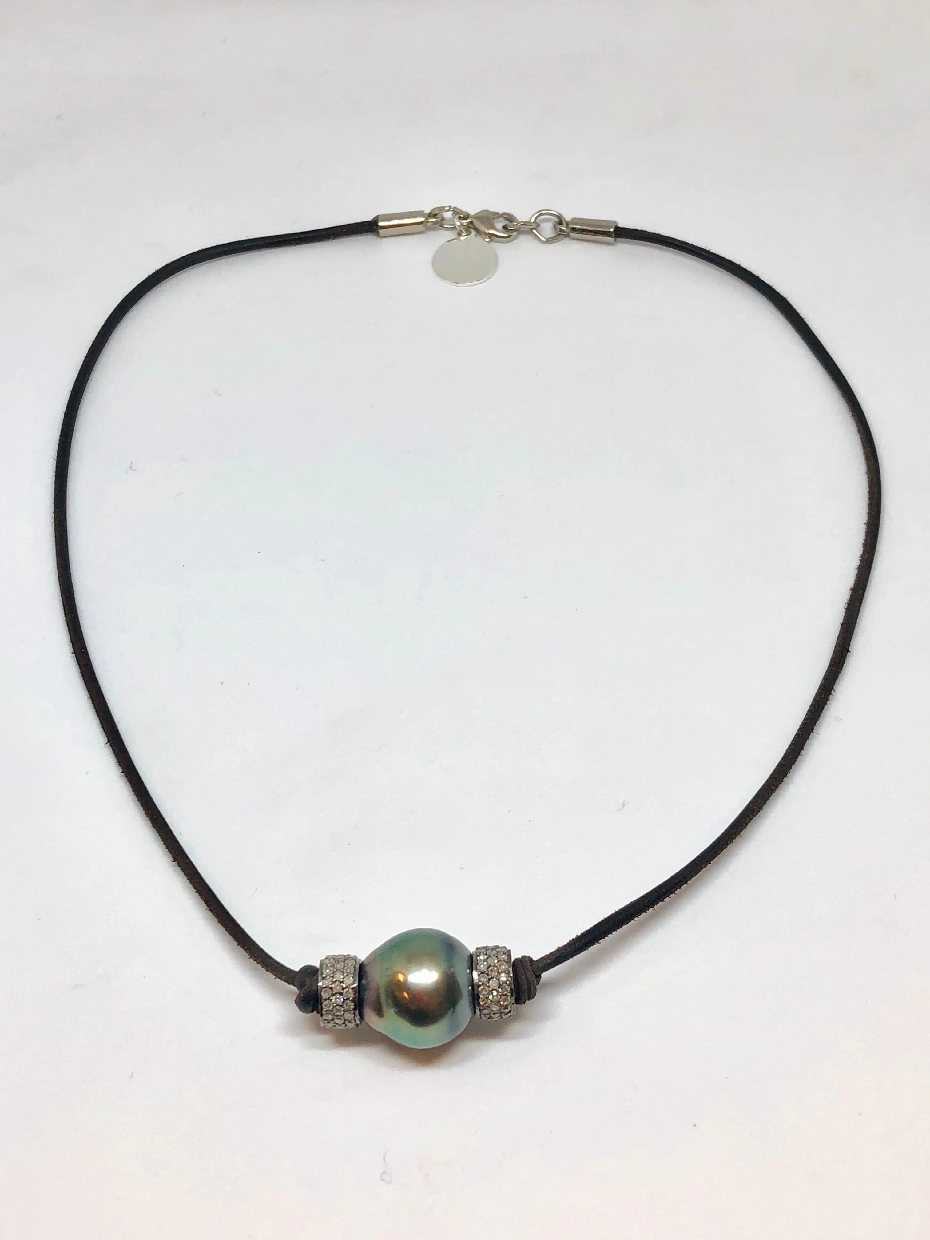 Perle By Lola Tahitian Pearl Choker with  Diamond Rondelles