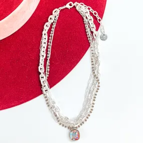 Pink Panache | Four Strand Crystal and Silver Chain Necklace with AB Cushion Cut Crystal Drop