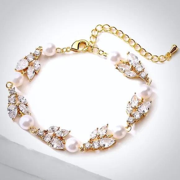 "Alara" - Pearl and Cubic Zirconia Bridal Bracelet - Available in Silver, Rose Gold and Yellow Gold