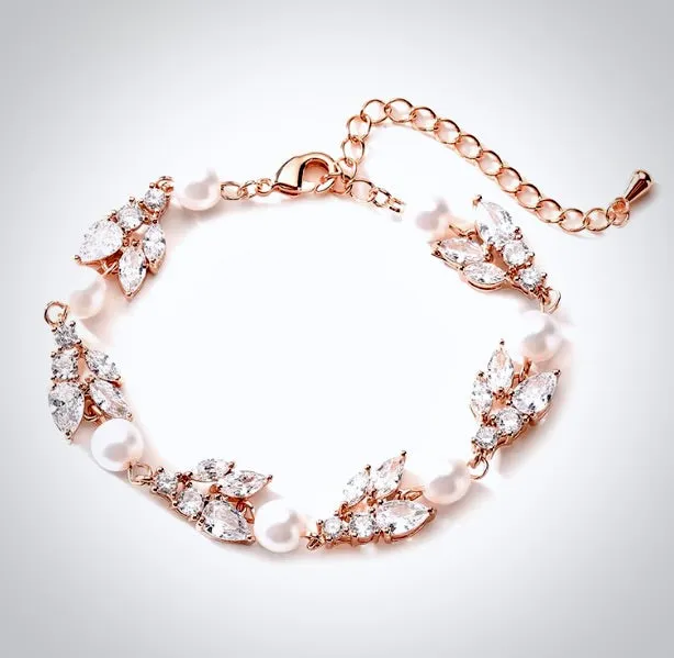 "Alara" - Pearl and Cubic Zirconia Bridal Bracelet - Available in Silver, Rose Gold and Yellow Gold