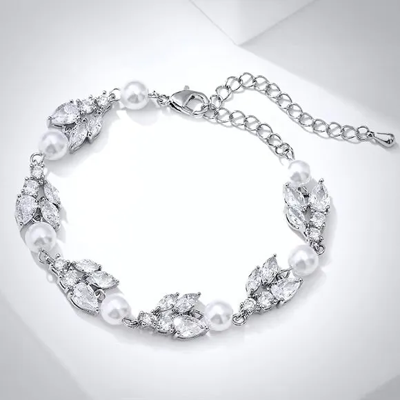 "Alara" - Pearl and Cubic Zirconia Bridal Bracelet - Available in Silver, Rose Gold and Yellow Gold