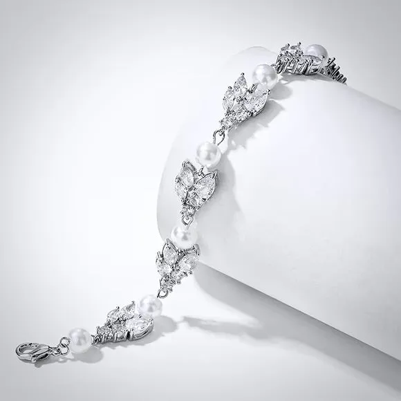 "Alara" - Pearl and Cubic Zirconia Bridal Bracelet - Available in Silver, Rose Gold and Yellow Gold