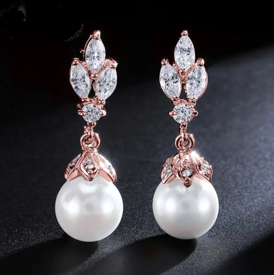 "Esme" - Pearl and Cubic Zirconia Bridal Earrings - Available in Silver, Rose Gold and Yellow Gold