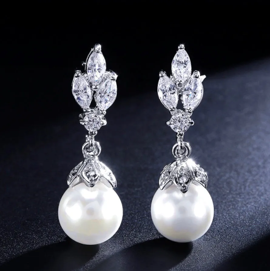 "Esme" - Pearl and Cubic Zirconia Bridal Earrings - Available in Silver, Rose Gold and Yellow Gold