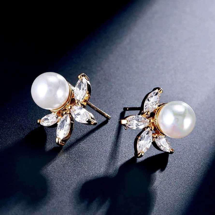 "Farrah" - Pearl and Cubic Zirconia Bridal Earrings - Available in Silver, Rose Gold and Yellow Gold