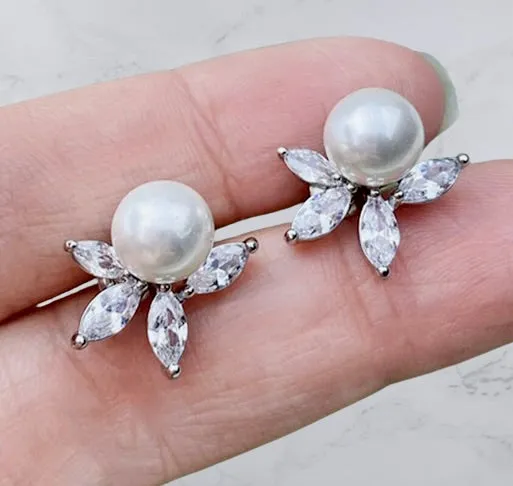 "Farrah" - Pearl and Cubic Zirconia Bridal Earrings - Available in Silver, Rose Gold and Yellow Gold